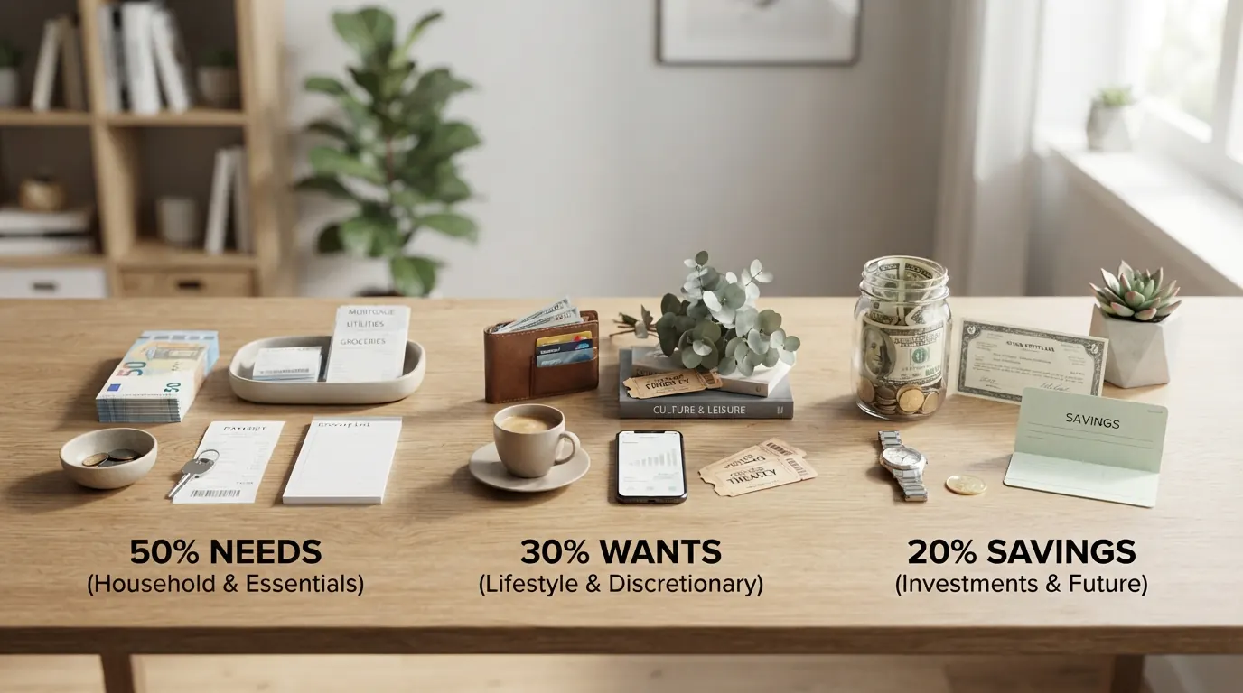Household budget notebook showing a needs, wants, and savings plan